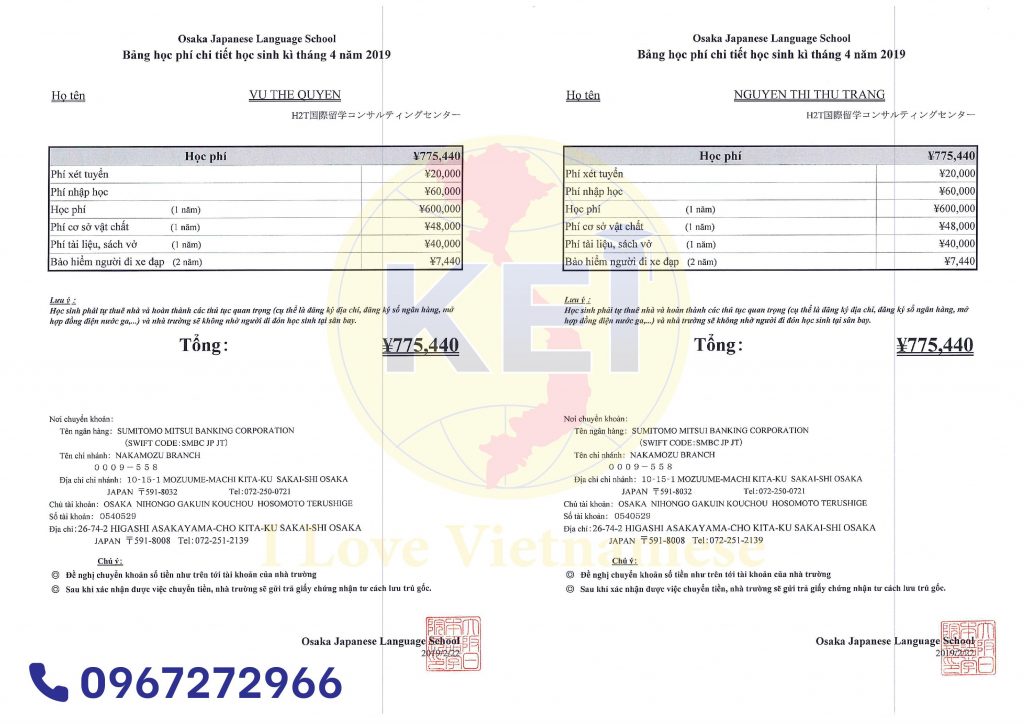 Invoice học phí 1 năm du học sinh H2T