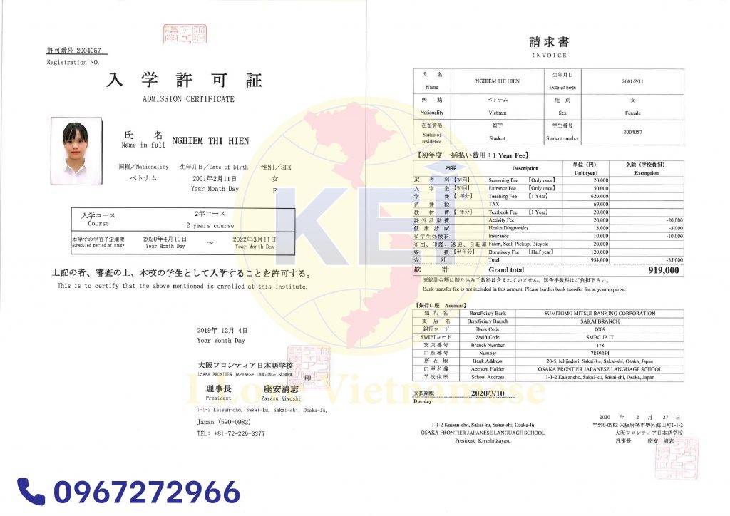 invoice học phí 1 năm và ký túc xá 6 tháng du học sinh H2T